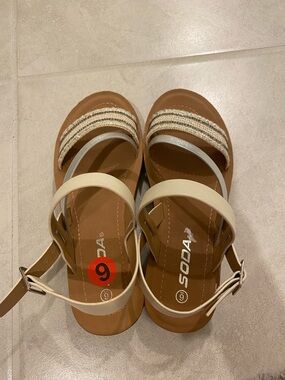 Soda Cream and Tan Braided-Accent Strappy Sandals NEVER WORN